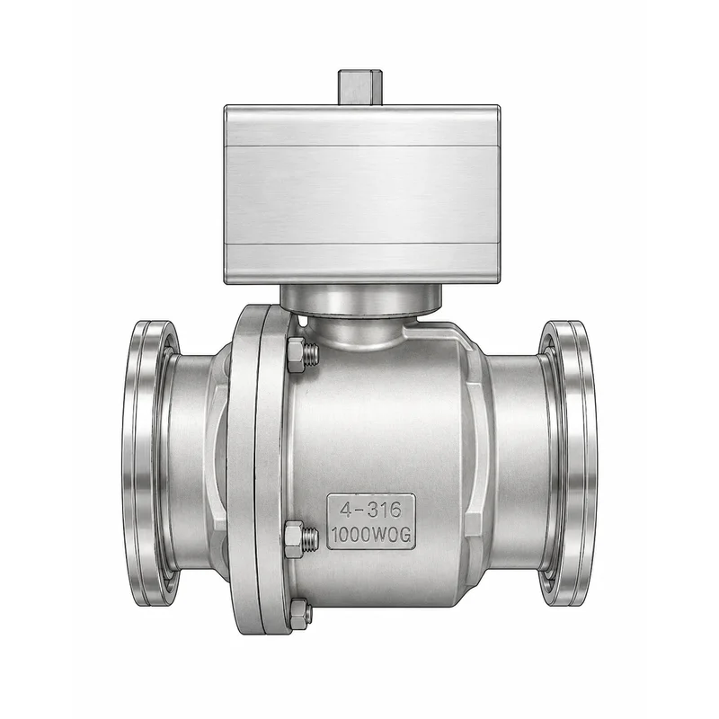 316 stainless steel pneumatic ball valve with KF (ISO-KF) clamp flanges on both ends