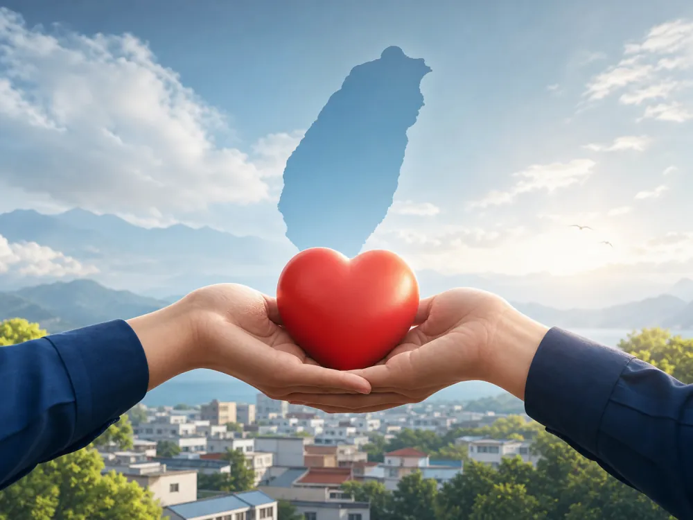 Hands holding a heart with the outline of Taiwan — Yzng Trong's commitment to its local community