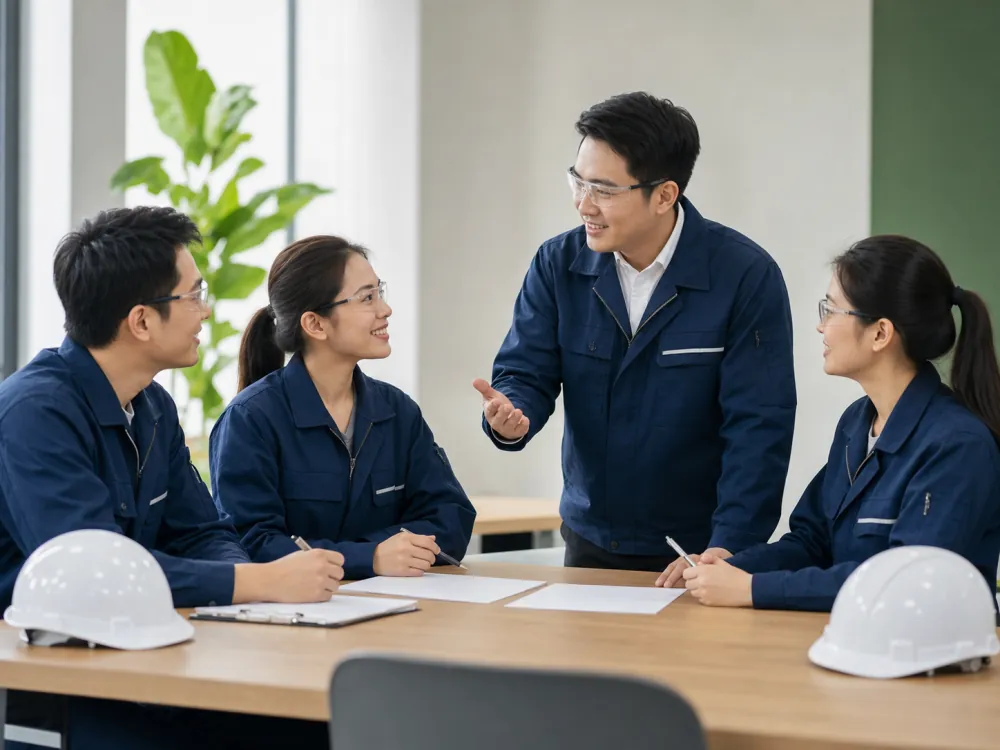 Yzng Trong team of valve technicians in a workshop meeting