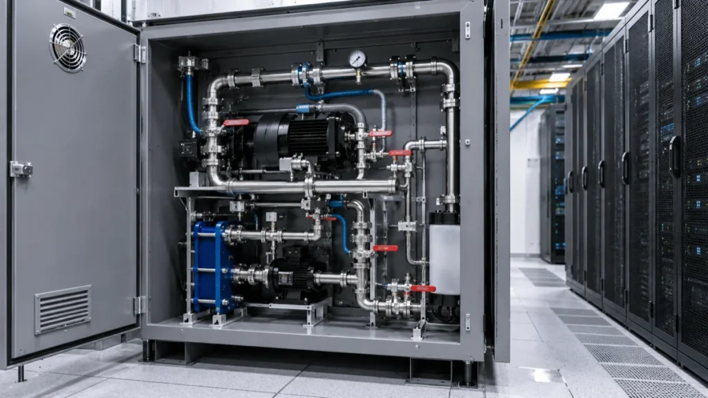 Coolant distribution unit (CDU) interior showing pumps and stainless steel isolation valves