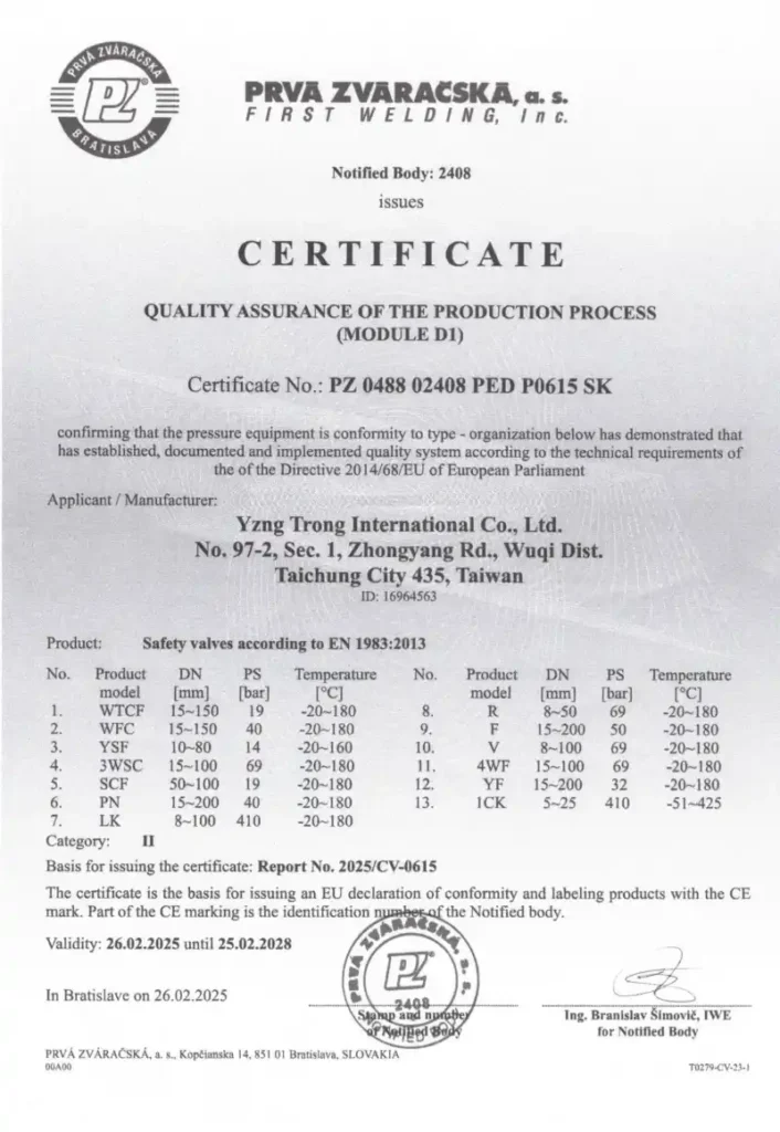 Yzng Trong International CE PED 2014/68/EU certificate issued by Notified Body 2408