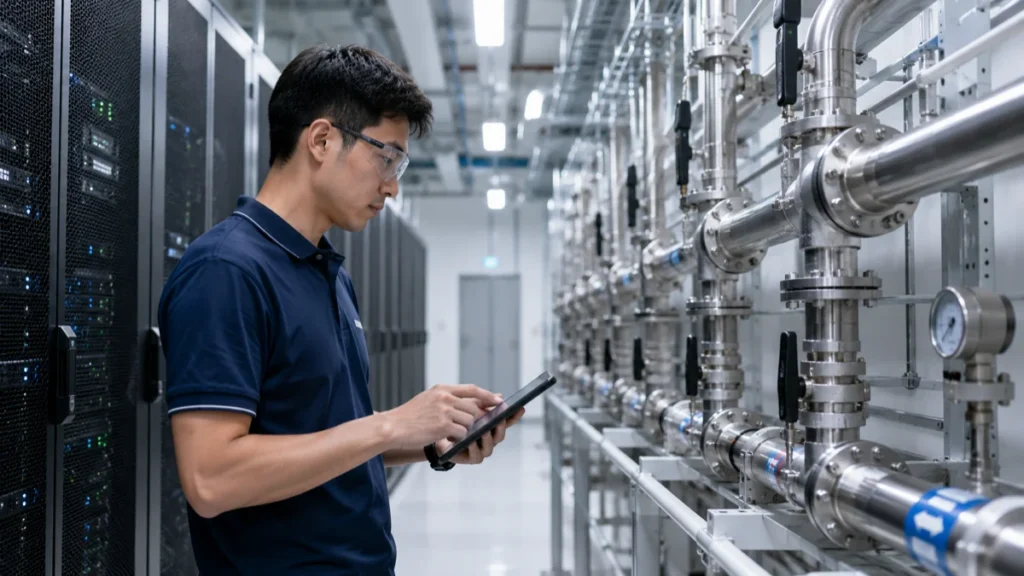Engineer inspecting stainless steel coolant piping in a liquid-cooled data center