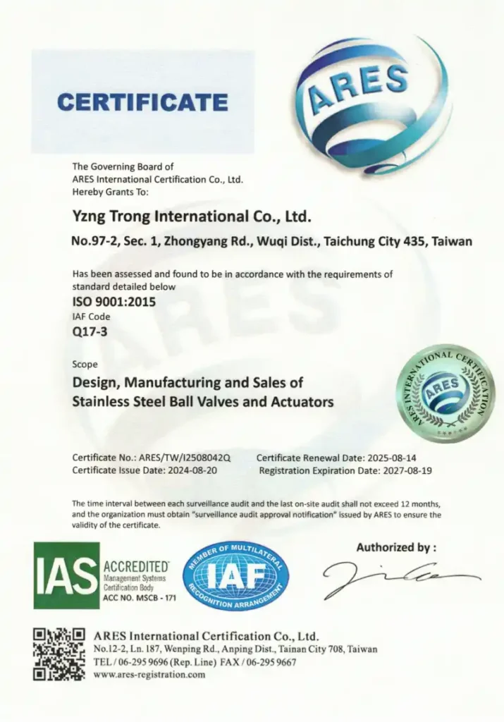 Yzng Trong International ISO 9001:2015 certificate for stainless steel ball valves and actuators