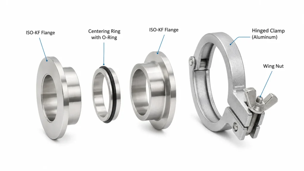 Exploded view of an ISO-KF flange connection showing two KF flanges, centering ring with O-ring, and aluminum hinged clamp with wing nut