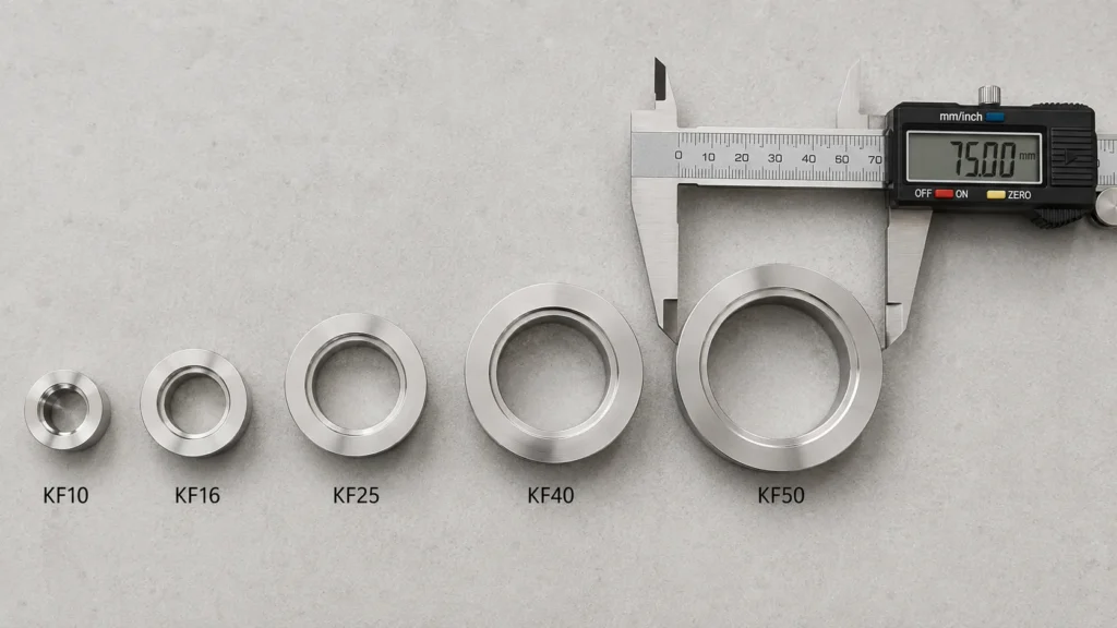 KF10 to KF50 vacuum flanges in size order with a digital caliper measuring the KF50 flange outside diameter at 75 mm