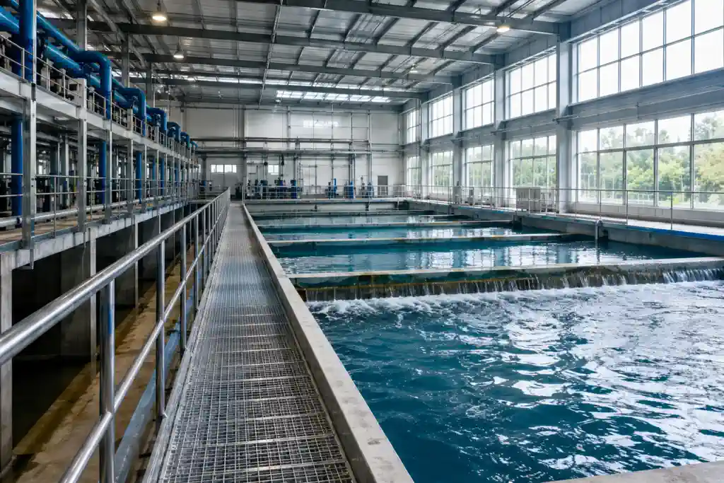 Stainless steel valves and pumps at a water treatment plant