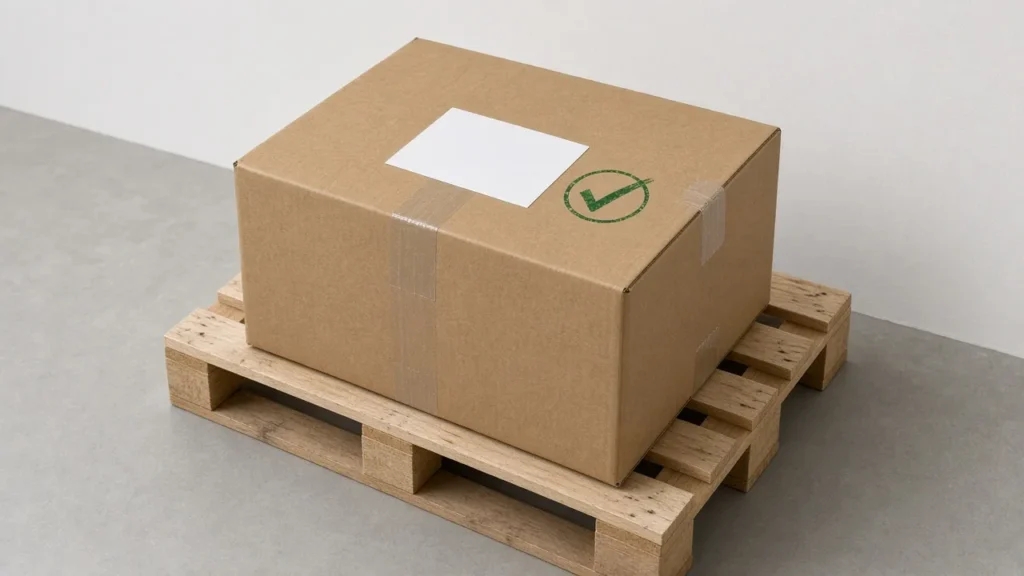 A sealed export carton with an inspection label and pass mark on a pallet