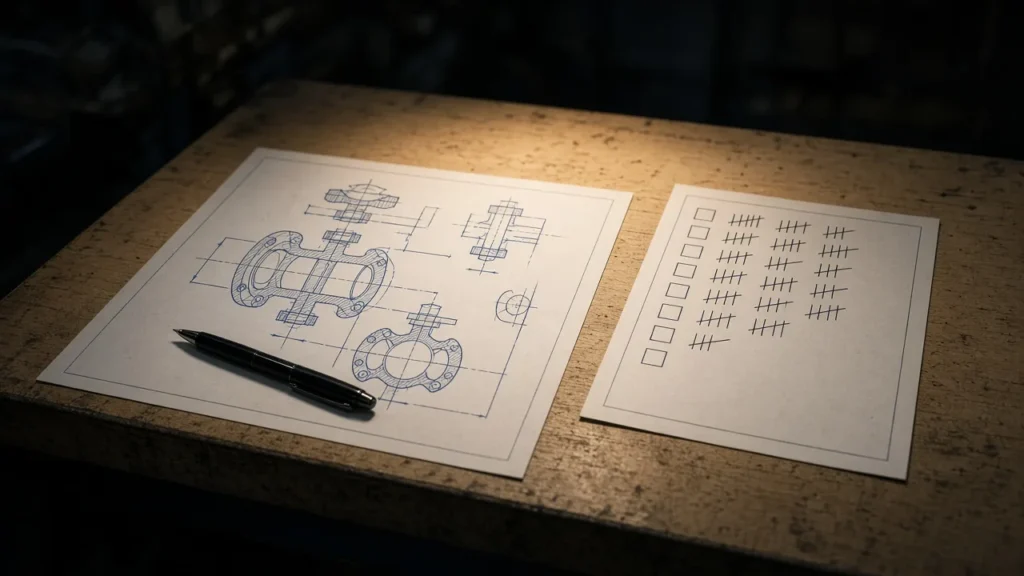 An engineering drawing of a ball valve and a ticked checklist on a workbench, representing a complete request for quotation