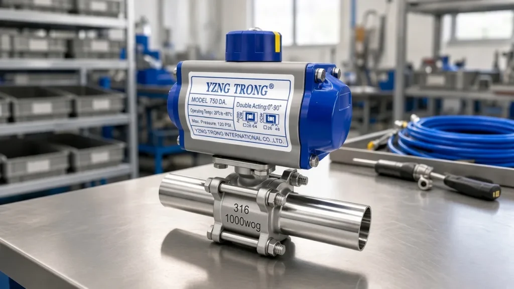 Three-piece stainless steel ball valve with extended butt weld ends and a YZNG TRONG double-acting pneumatic actuator