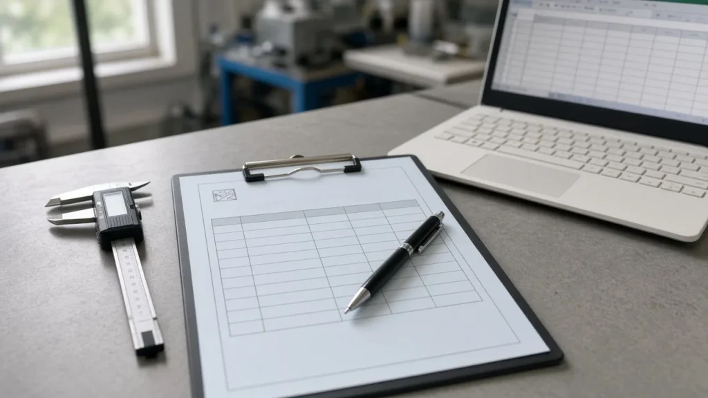 Clipboard with a technical checklist, a digital caliper and a laptop on an office desk
