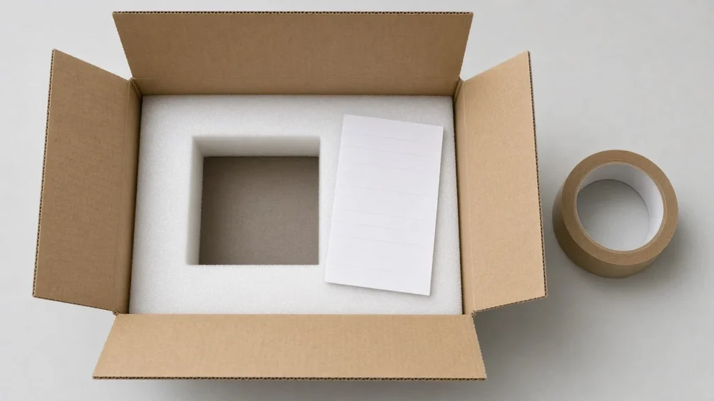 Open shipping carton with foam padding, a packing list and packing tape on a table
