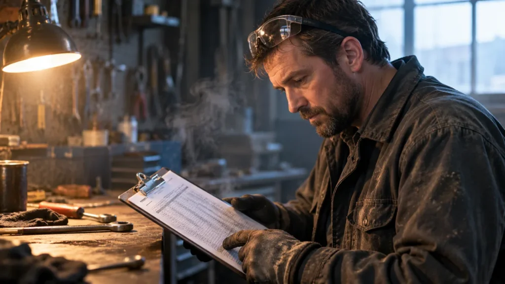 Maintenance technician at a workbench reading a printed steam table on a clipboard