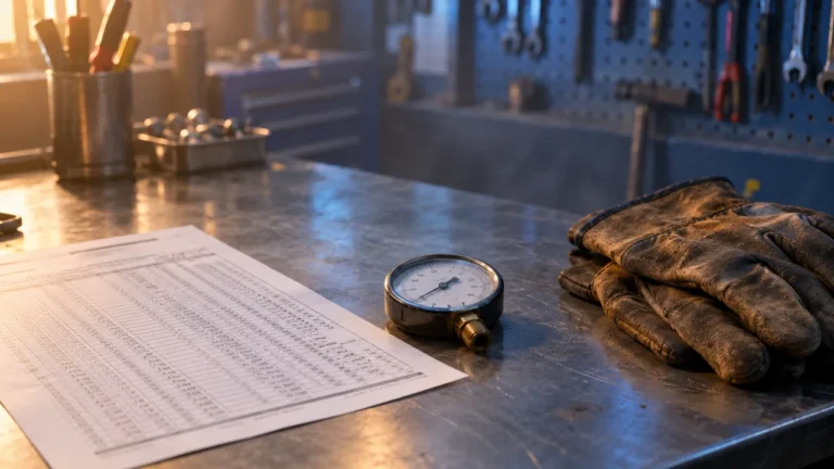 Printed steam table, a pressure gauge and worn leather work gloves on a steel workbench