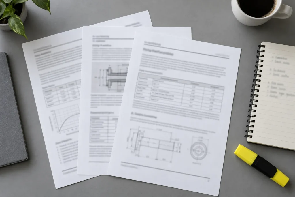 Three printed technical documents with tables and drawings fanned out on a grey desk with a notebook and a highlighter