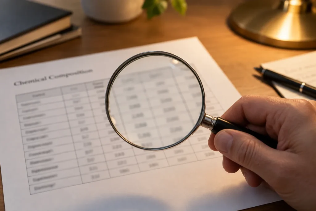 Magnifying loupe held over a printed chemical composition table