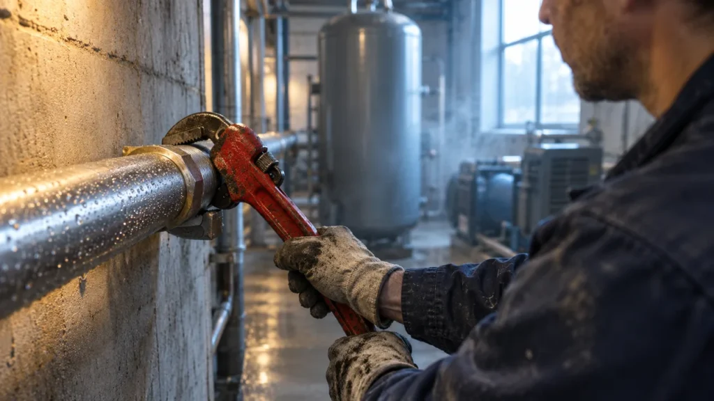 Technician tightening a threaded joint on a compressed air line with a pipe wrench