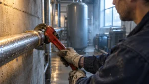 Technician tightening a threaded joint on a compressed air line with a pipe wrench