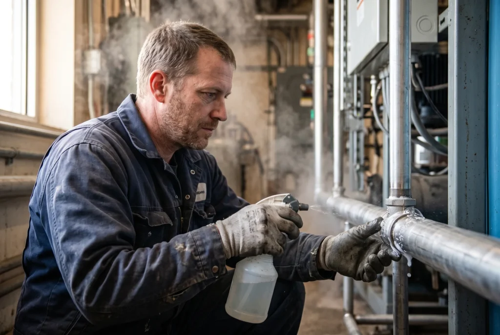 Maintenance technician spraying leak-detection solution on a threaded stainless steel pipe joint, with bubbles forming at the joint