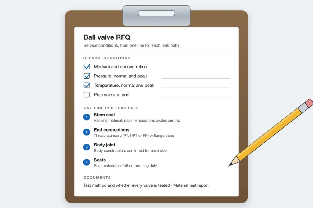 Clipboard with a ball valve RFQ checklist listing service conditions and one line for each of the four leak paths