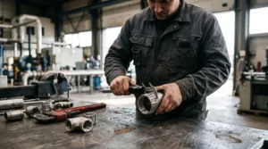 Engineer measuring the outside diameter of a threaded stainless steel pipe end with digital calipers